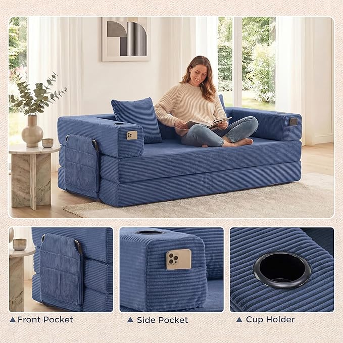 WELAX 72.8 Convertible Sleeper Sofa Bed Boneless Cloud Queen Futon Couches with Cupholders &amp Storage Pockets Corduroy Folding Floor Couch for Bedroom Apartment No Assembly Dark Blue