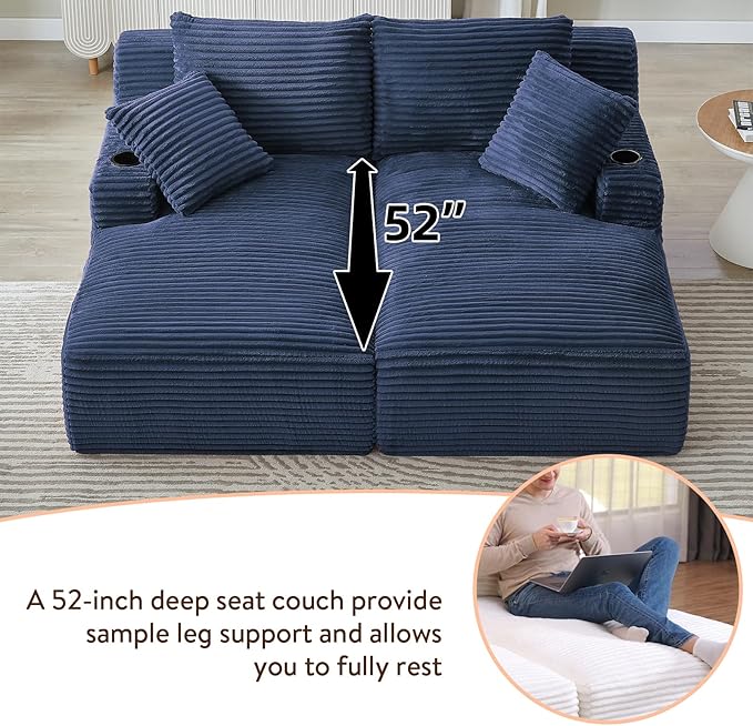 Oversized Double Chaise Lounge Chair Indoor Fluffy Upholstered Corduroy Sofa Bed with Throw Pillows Comfy Sleeper Deep Seat Sectional Loveseat Sofa Couch for Living Room (Blue)