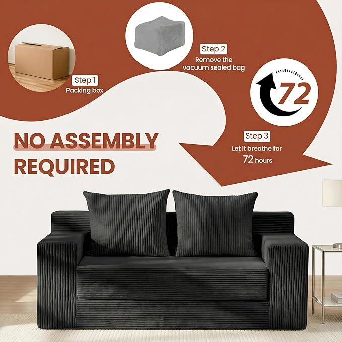 5 in 1 Convertible Sofa BedSmall Boneless Couch Pull Out Loveseat Sleeper SofaCorduroy Futon Couch Folding Mattress with 4 Pillows for Living Room Bedroom Lounge (No Assembly)