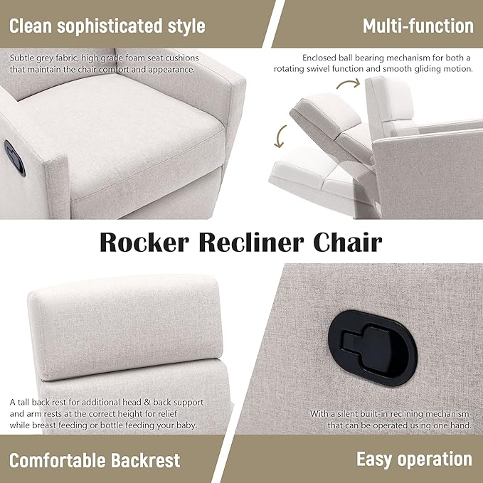 Swivel Rocker Recliner Chair 360 Degree Swivel Nursery Rocking Chair Manual Glider Rocking Recliners Chairs for Living Room Bedroom (Tan)