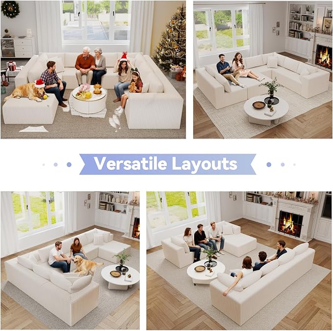 135 U Shaped Boneless Couch Oversized Boneless Sectional Couches for Living Room Large Modular Sofa with Ottoman Plush Corduroy Couch with Deep Seat Chaise No Assembly Beige