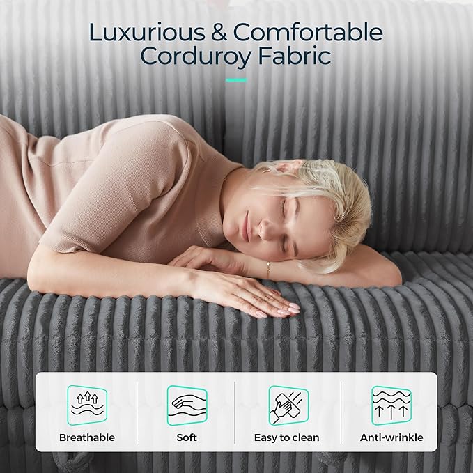 LINSY HOME Sectional Sleeper Sofa Pull Out Couches for Living Room (Grey Sleeper Sofa 5) | Pull Out Sofa Bed Storage USB Charging Cup Holders Plush Corduroy
