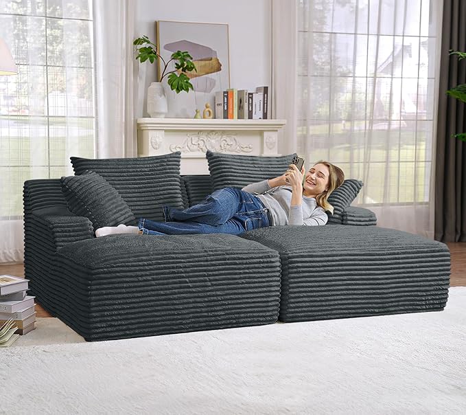 Oversized Chaise Lounge Chair Indoor Modern 78-inch Upholstered Corduroy Love Seat Sofa Bed with 4 Throw Pillows and Armrests Double Modular Sleeper Sofa Couch for Living Room Bedroom Dark Grey