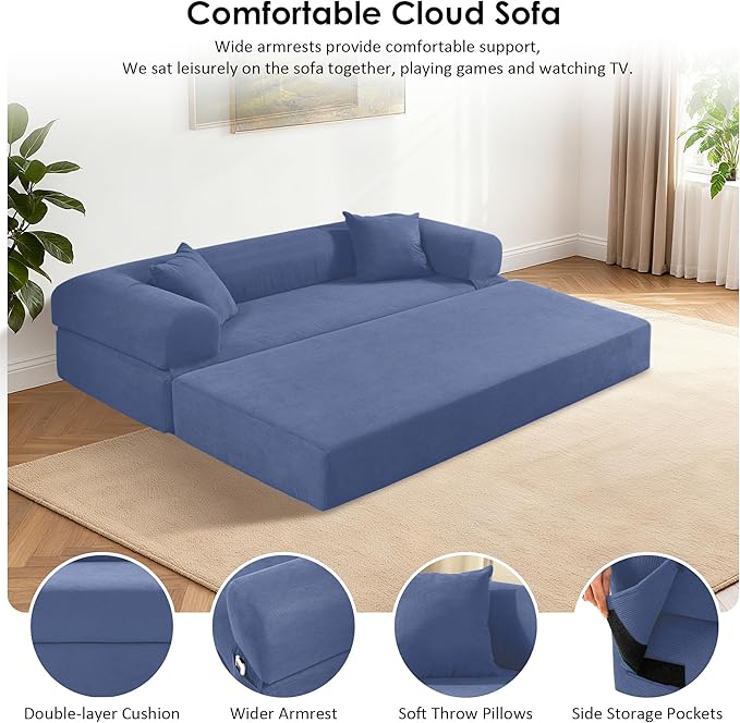 80 Convertible Sofa Bed 3-in-1 Corduroy Folding Pull Out Couch with Pillows No Assembly Modern Boneless Couch Compression Sofa in Box Floor Sofa with Side Storage for Living RoomDark Smog Blue