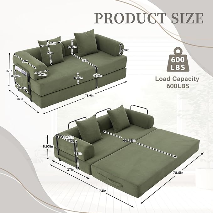 Convertible Sleeper Sofa Bed 78.5 Folding Floor Sofa Mattress Couch with Pillows Corduroy Futon Boneless Couch Lounge Loveseat with Pull Out Bed Green