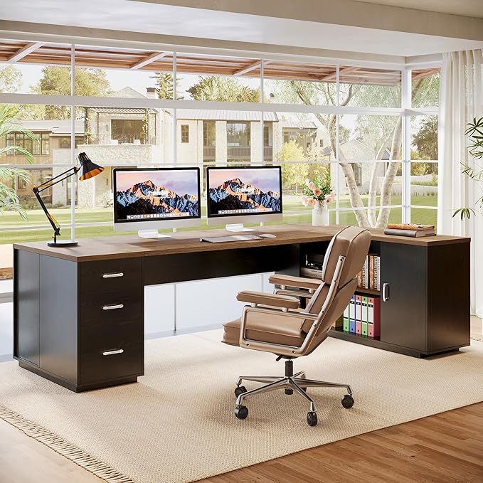 Tribesigns 85.8-Inch L-Shaped Executive Desk with File Drawers Door Cabinet &amp Shelves Extra Large Commercial Office Desk Modern Professional Office Table Business Furniture Natural &amp Blac