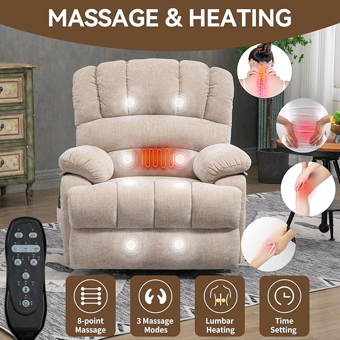 Power Lift Recliner Chair for Elderly with Heat Function 8 Node Massage with 3 Modes Silent Operation Oversized Electric Lift Recliner Single Sofa for Living Room with USB Charging Beige