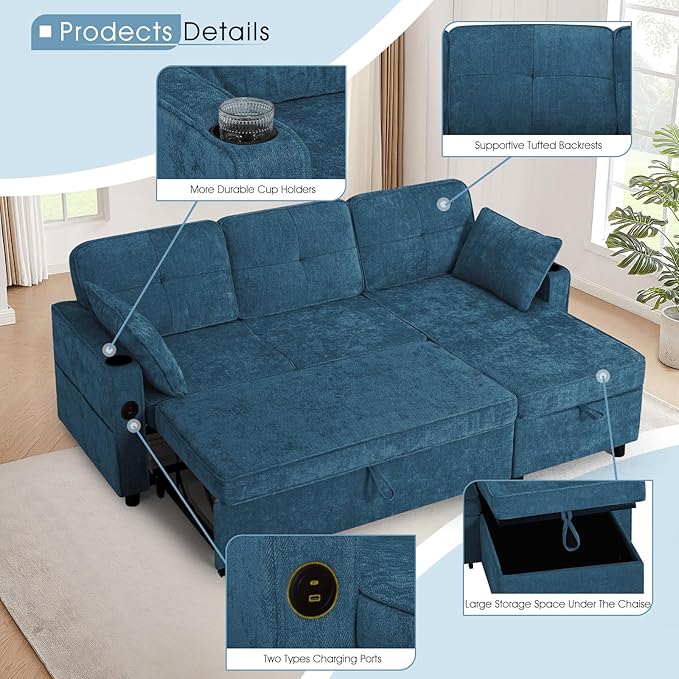 84 Inches L Shaped Sofa w/Adjustable Back &amp Pull-Out Sofa Bed Chenille Tufted Sectional Couch w/Storage Chaise &ampUSB Charging Port Modern Sleeper Couch w/Cup Holders for Living Room Blue