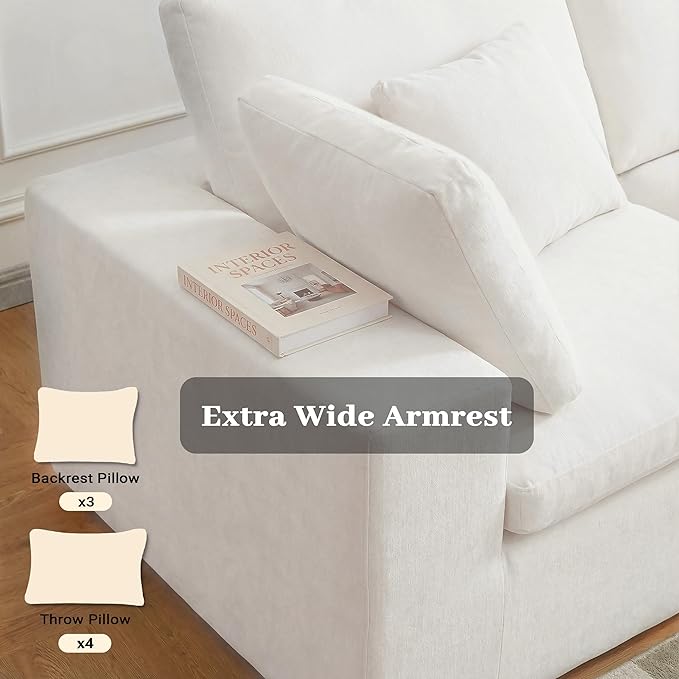 121 L-Shaped Modular Sectional Sofa with Ottoman Upholstered Cloud Couch with Deep Seat Boneless Sofa Sectional Couch for Living Room No Assembly Required Chenille Warm White | Breathable Materia
