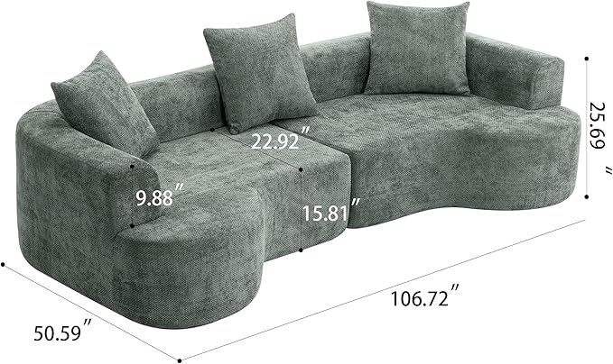 106.72” Curved Sofa Oversized Curved Couch for Living Room Corduroy Fabric Foam Couch Modern Deep Seat Couched with Pillows No Assembly Green
