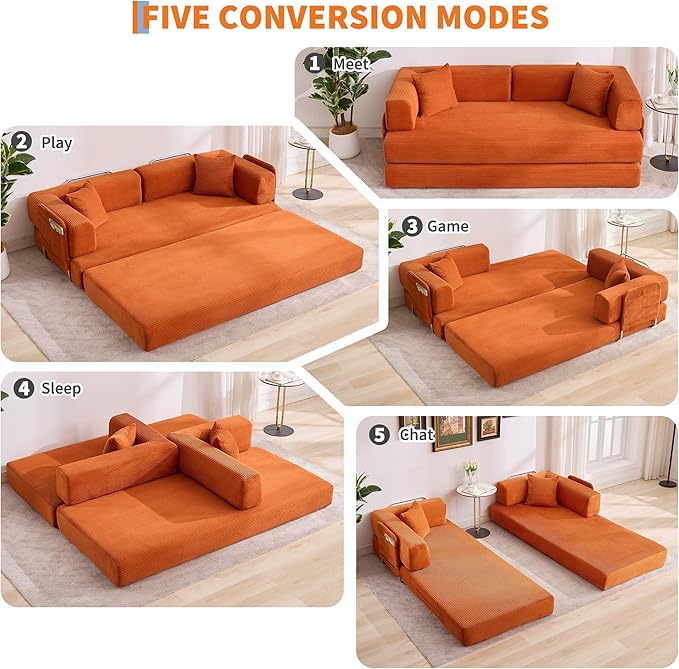 Garvee 5-in-1 Convertible Sofa Bed 78.8 Modular Corduroy Sleeper with Sturdy Frame &amp No Assembly Multi-Functional Futon for Small Space Living Room &amp Guest Room (Green) (Orange)