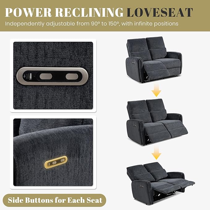 53.5 Zero Wall Hugger Power Reclining Loveseat Sofa with USB &amp Type-C Ports Electric Recliner Loveseat with Lumbar Pillows Small Space Wall Hugger Reclining Couch for Living Room &amp RV (Dark