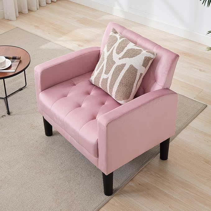 TYBOATLE Mid-Century Fabric Tufted Accent Living Room Armchairs Comfy Modern Upholstered Bedroom Office Armchair Single Sofa Reading Lounging Side Lounge Chair Living Room Furniture (Pink)