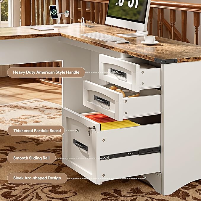 L Shaped Farmhouse Executive Desk with Drawers 67 Home Office Desks with Fast Charging Station Lockable File Cabinet Wood Writing Computer Desk for Work Study White