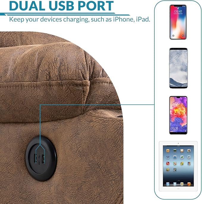 Manual 360 Degree Swivel Glider Rocker Recliner Chair with Massage and Heat 2 USB Ports 2 Front Pockets 2 Side Pockets and 2 Cup Holders Bronze Suede Fabric (Brown)