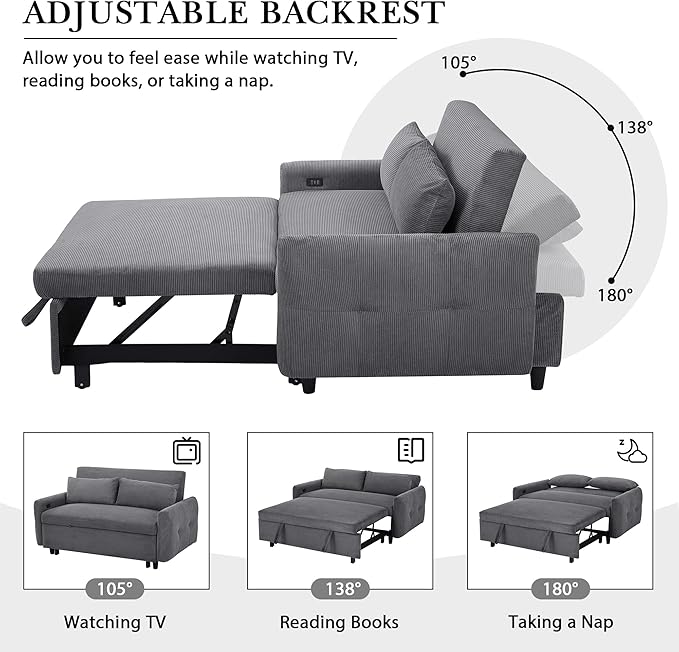 Merax 57.48 Pull-Out Sofa Bed Convertible Couch2 Seat Loveseat Sofa with 3 Levels Adjustable BackrestTwo Throw Pillows and USB PortsModern Corduroy Sleeper Sofa for Living RoomDark Grey