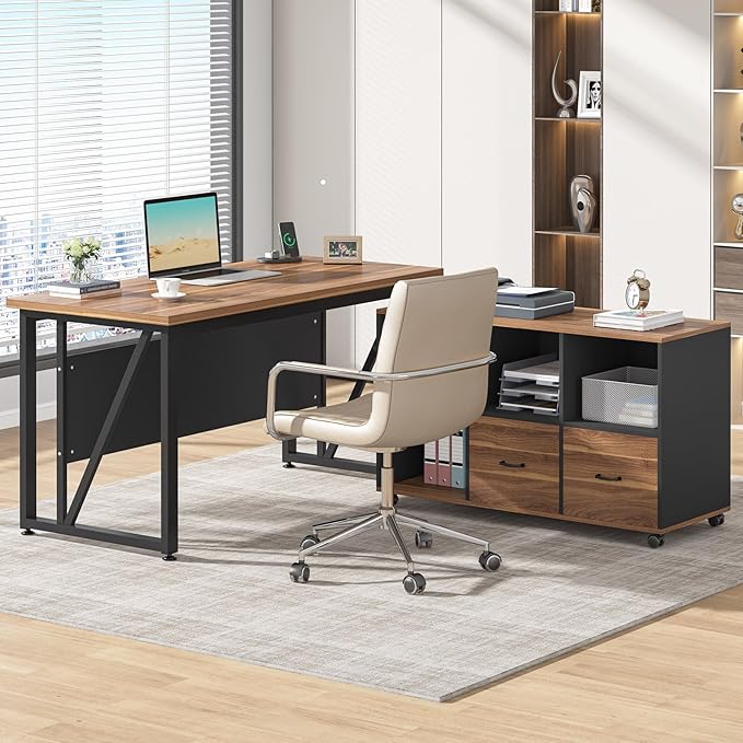 Tribesigns 55-Inch Executive Computer Desk with 43-Inch Lateral File Cabinet Large Workstation Business Furniture L Shaped Desk with Drawers and Storage Shelves for Home Office Walnut