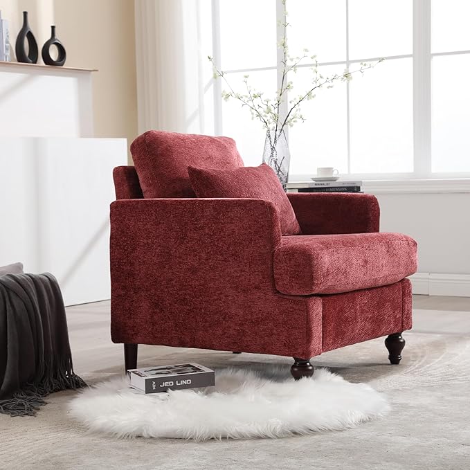 Mid Century Modern Linen Fabric Accent Chair for Living Room Bedroom Guest Room Office Apartment Waiting Room Furniture Upholstered Armchair Reading Accent Chairs (Wine Red)