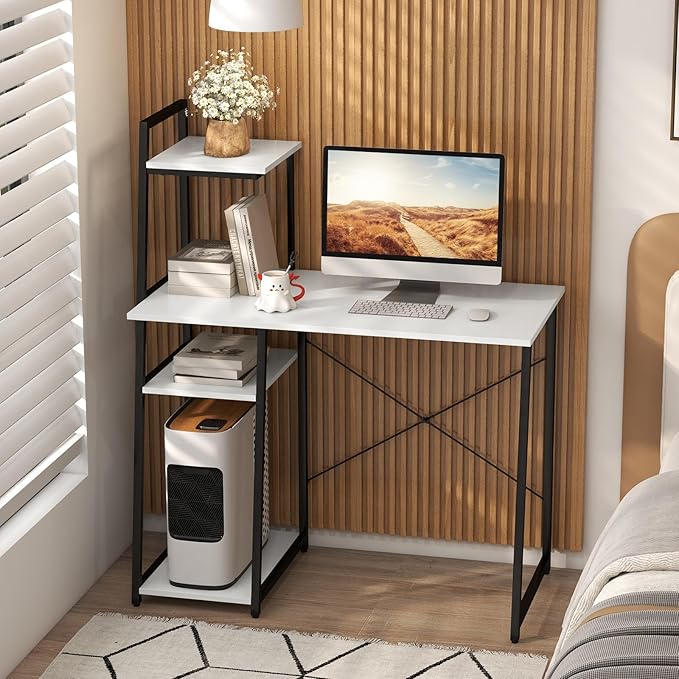 COSTWAY Computer Desk with 4-Tier Storage Shelves Home Office Desk Writing Table with Sturdy X-Shape Frame Adjustable Foot Pads Modern Simple Style Study Desk Wide Tabletop (White and Black)