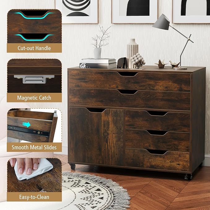 File Cabinet 5 Drawer Filing Cabinet with Door Mobile Storage Organizer Wooden Printer Stand on Wheels for Study Home Office Living Room (Rustic Brown)