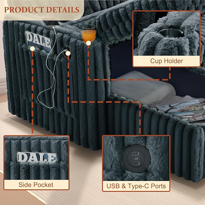 107'' Sectional Sleeper Sofa with Pull Out Bed Storage Chaise Adjustable Backrest USB Charger Cup Holder &amp Side Pocket Fluffy Soft Corduroy U Shaped Couch for Living Room Dark Grey