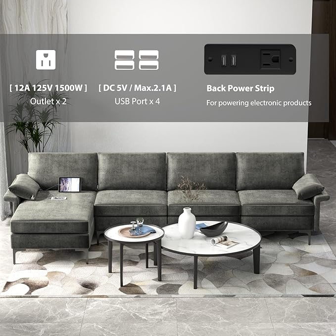 Giantex 130.5 L Convertible Sofa Couch Sectional Sleeper with 2 USB Ports Socket Comfy Cushion 2 Storage Box L-Shaped Modular Modern Sofa Reversible Chaise Lounge Living Room Furniture Grey