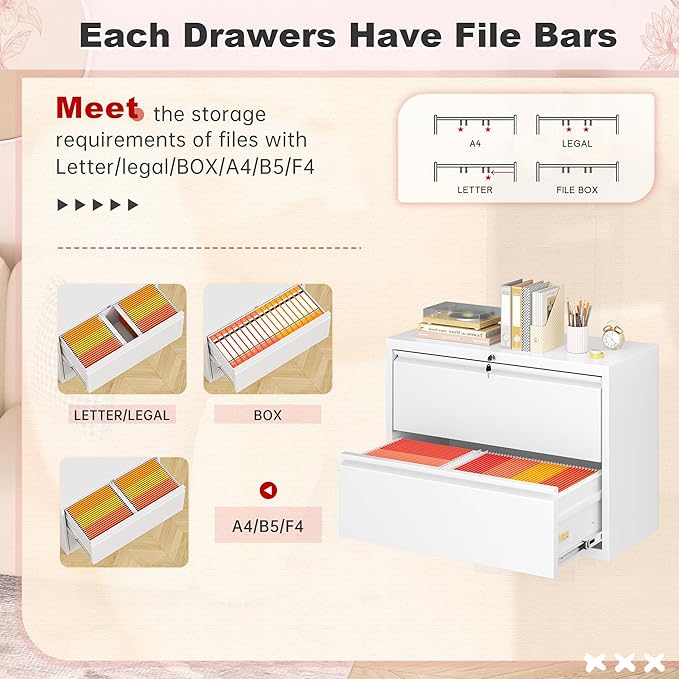Superday Lateral File Cabinet 2 Drawer Metal File Cabinet with Lock White Filing Cabinets for Home Office Locking Filing Cabinets Hanging Files Letter/Legal/F4/A4