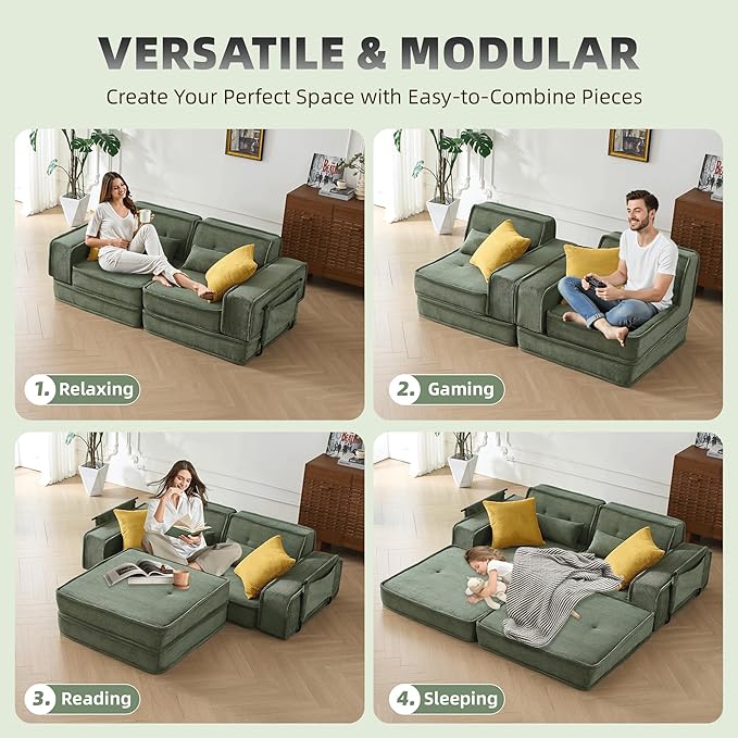 Modular Sofa Bed No Assembly Required Sectional Couch for Living Room Compressed Cloud Couch with Corduroy Fabric &amp Lumbar Pillows Small Space Furniture Green
