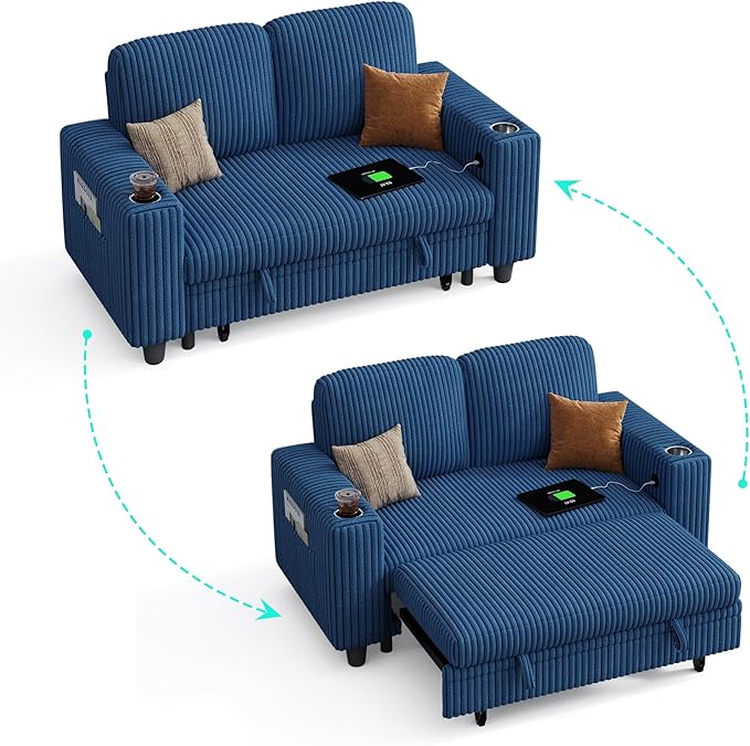 LINSY HOME Loveseat Sofa with Pull Out Couch Chaise: 2-in-1 Convertible 2 Seater Sofa with USB Charging &amp Cup Holders Comfy Plush Corduroy Love Seat for Small Spaces Living Room Apartment Blue