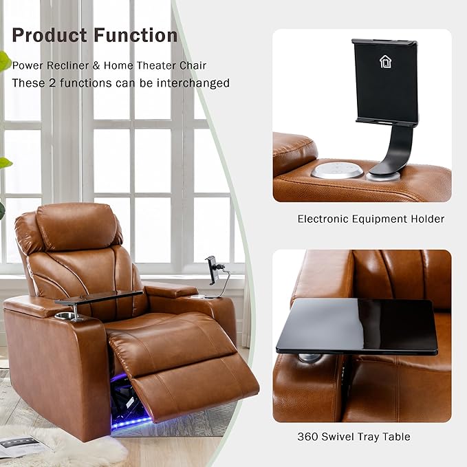 Power Motion Recliner Electric Power Recliner with Hidden Arm Storage Cup Holder Phone Holder Tray Table Faux Leather Rocker Chair for Small Spaces (Light Brown/78)