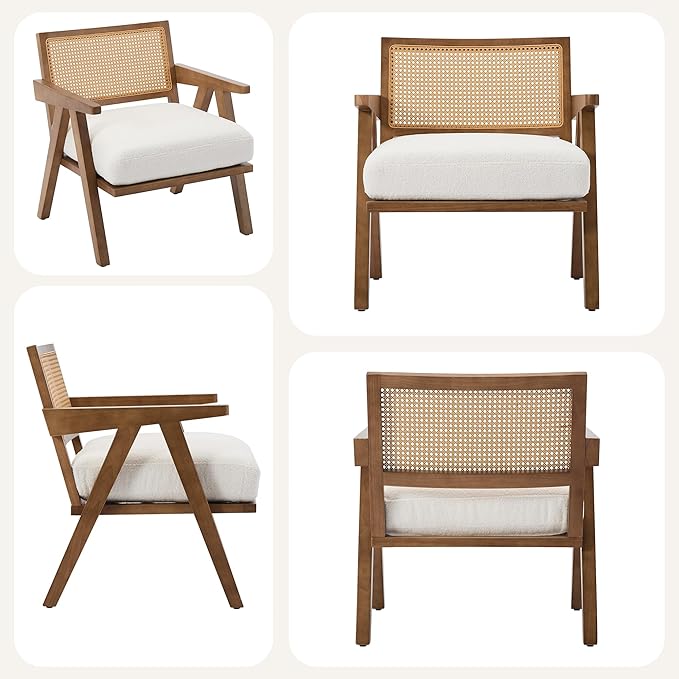 GarveeHome Mid-Century Farmhouse Accent Chair - Wood Armchair with Rattan Backrest &amp Linen Cushion for Living Room Bedroom - White Easy Assembly(2 Pcs)