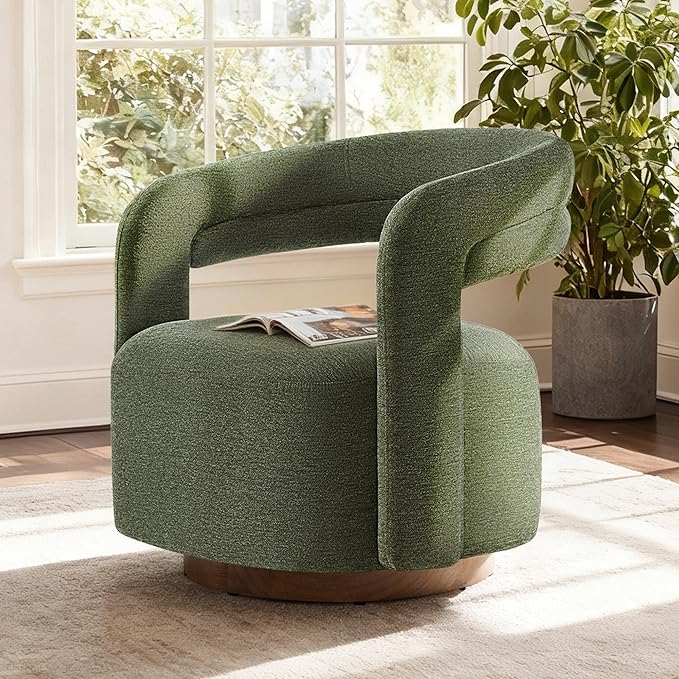 Swivel Accent Chair Upholstered Barrel Chair with Open Back Design Modern Arm Chair with Wooden Base for Living Room Bedroom Reading Waitingroom Green