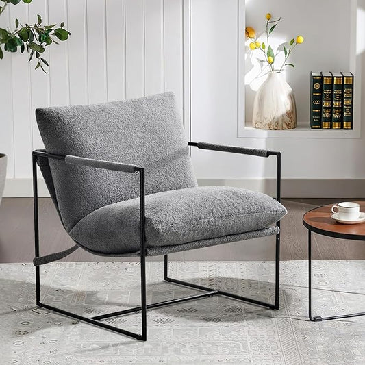 Furniliving Sling Accent Chair with Metal Frame Comfortable Boucle Fabric Arm Chair Upholstered Cozy Reading Chair for Living Room Bedroom Dressing Room Home Office Grey