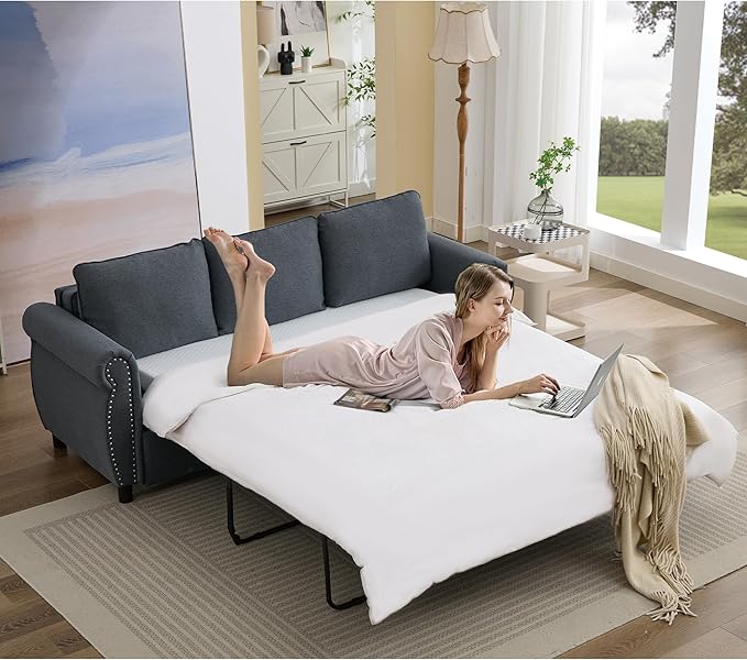 81.5 2-in-1 Queen Convertible Sleeper Sofa Bed Pull Out Couch Bed3 Seater Sofa Bedwith 3.35 Memory Foam MattressRivet HandrailLiving Room Apartment (Dark Gray)