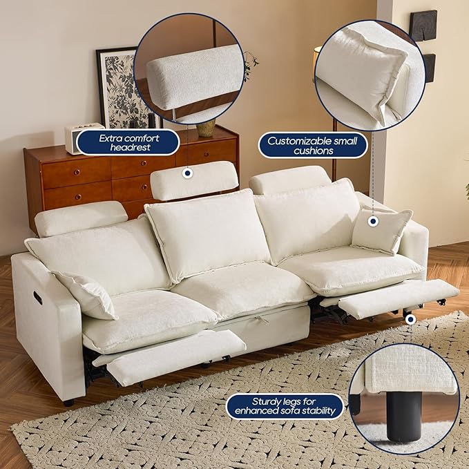 Comfy Cloud Couch – Chenille Electric Reclining Sofa with Adjustable Headrest Modern Power Recliner with Middle Storage Deep Seat Sofa with Throw Pillows for Living Room (Cream)