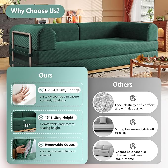 Folding Boneless Couch Convertible Sleeper Sofa Bed Futon Lounge Chair Boneless Corduroy Loveseat with Pull Out Bed Floor Sofa Modular Couch for Living Room Basement Movie Theater Room Green