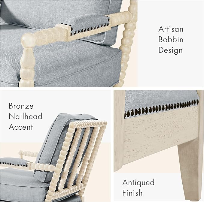 Madison Park Accent Chairs for Living Room Farmhouse Modern Armchair Solid Wood Antiqued Finish Upholstered Seat Removable Bedroom Lounge for Reading 25.5 W Light Blue/Antique Cream