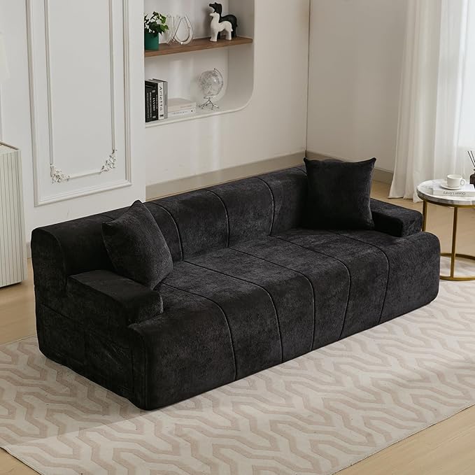 82.7 Modern Velvet Boneless Couch Ultra Comfy 3-Seater Sofa for Living Room Bedroom Home Office No Assembly Required (Black)