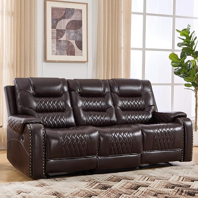 EBELLO Manual Reclining Sofa for Living Room Faux Leather 3 Seater Reclining Couch Chair Vintage Rivet Mid-Century Modern Design Furniture for Living Room Meeting Room Dark Brown
