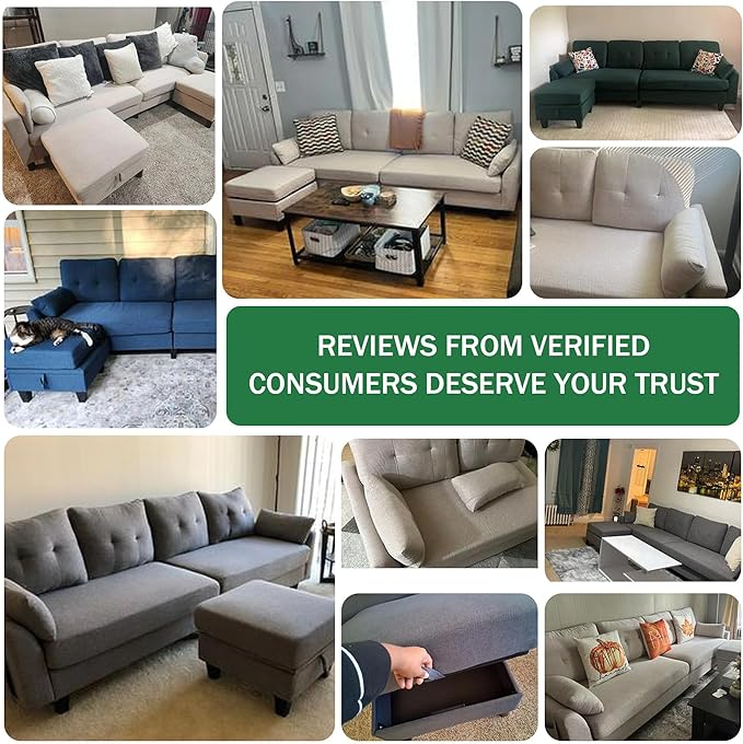 102 Convertible Sectional Sofa Modern L Shaped Couch with Storage Ottoman and Side Pockets 4 Seater Sofa for Living Room Apartment Green