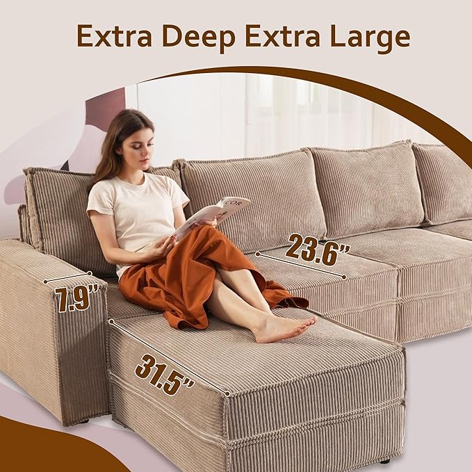 HOOOWOOO Modular Sectional Sofa CouchU L Shaped Free Combination Couch ChairsCloud Sofa with Ottomans Chaise 6 Pieces Set for Living Room(Beige Corduroy)