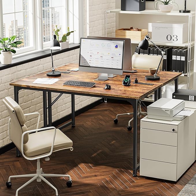 PRAISUN 47 X 20 Inch Office Computer Desk with Power Outlets and USB-C Port Larger Gaming Desk for Home Office Study Bedroom Writing Work from Home Table Metal Frame Rustic Brown