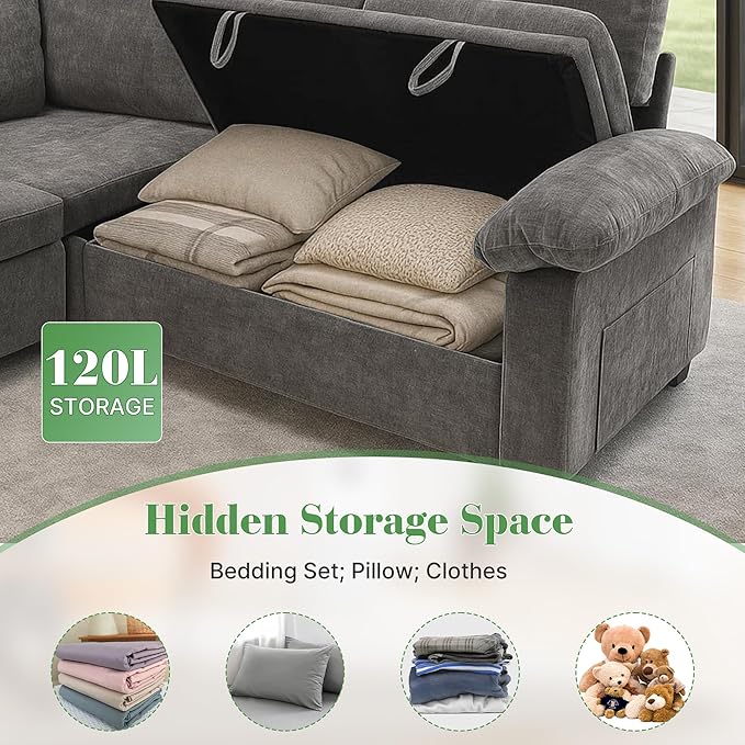 Modular Sectional Sofa with Pull Out Bed Sleeper Sofa L Shaped with Storage Sectional Couch for Living Room Convertible Sofa Bed with Removable Sofa Cover(5 Seats Grey)