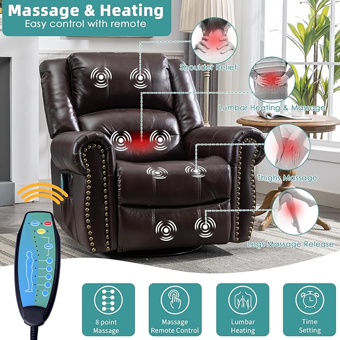 MEETWARM Massage Swivel Rocker Recliner with Heat and Vibration Manual Glider Rocking Recliner Chair 360°Swivel Lounge Reclining Chair with Remote Control/USB Ports for Living Room(Dark Brown)