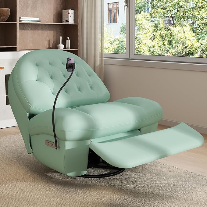 Kinfant Power Swivel Rocker Recliner Chair Swivel Rocking Sofa with Button Control Phone Holder &amp USB Ports for Living Room Bedroom (Green)