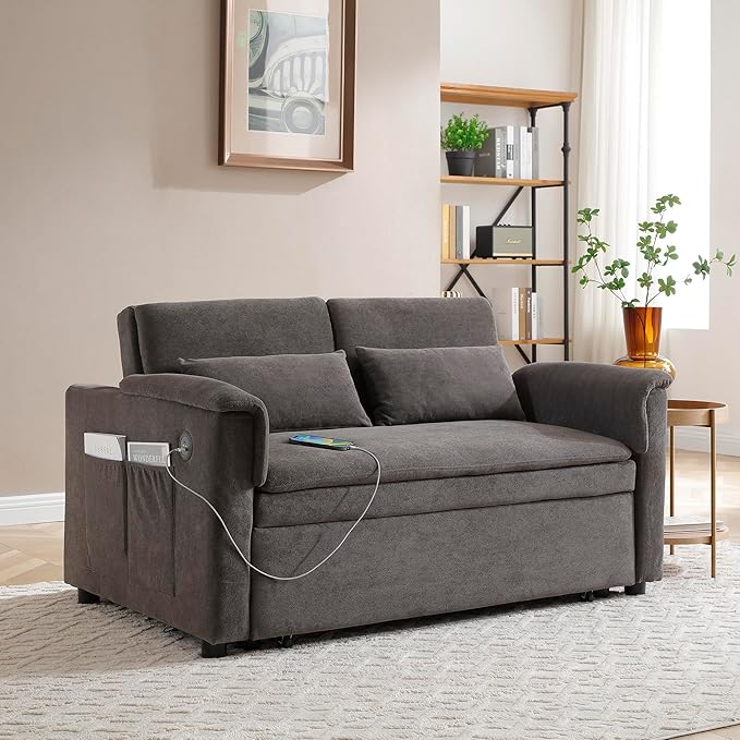 Livavege 55 Convertible Sofa Bed Velvet Pull Out Sleeper Sofa Couch Bed 3-in-1 Futon Loveseat with Adjustable Backrest USB Ports &amp 2 Side Pockets for Small Space Living Room Apartment Bedroo