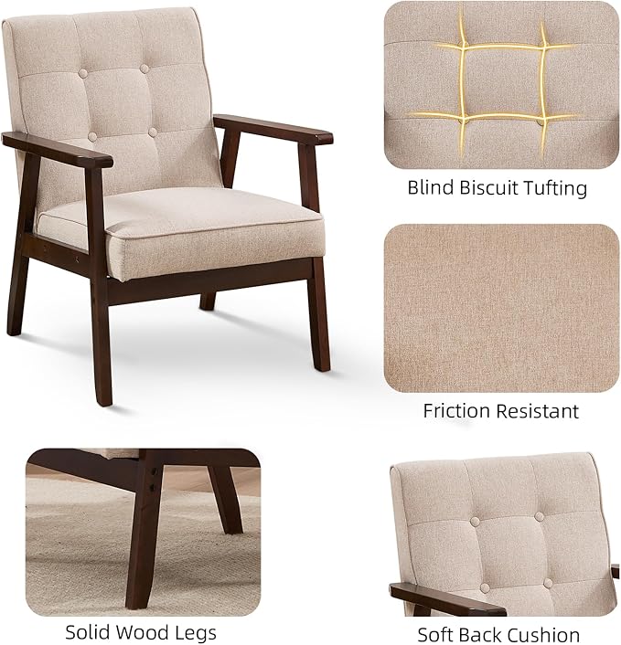 Accent Chair Mid Century Modern Chair for Living Room Comfy Fabric Armchair with Solid Wood Frame Soft Thick Padded Side Chairs Easy Assembly (1 Fabric Beige)