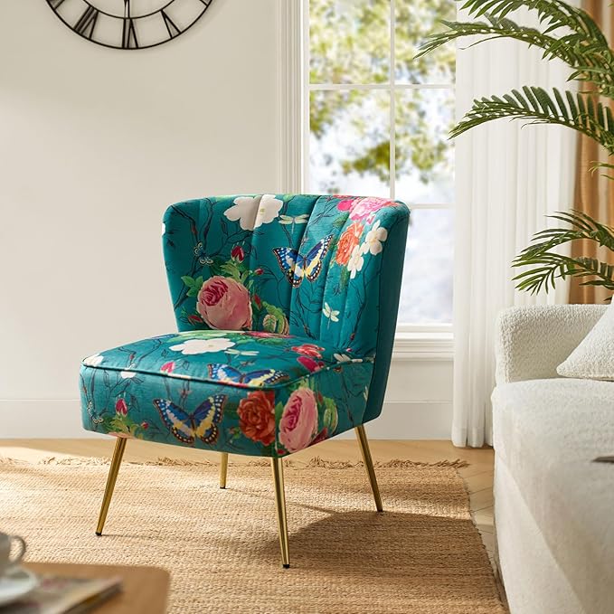 HULALA HOME Accent Chair with Golden Metal Legs Comfy Tufted Wingback Living Room Chair Floral Fabric Small Armless Side Chair Upholstered Slipper Chair for Bedroom Reading Room Flower Print