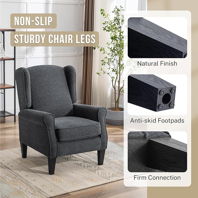 Dark Grey Accent Chairs Modern Living Room Single Wingback Sofachair Classic Bedroom High Back Reading Seats Bussiness Upholstered Arm Chairs for Office Guest Room