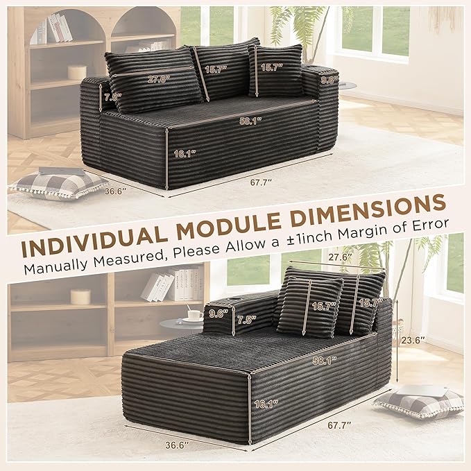 Modular Compressed Sectional Sofa Set – Velvet Corduroy Upholstery Convertible Couch with Cup Holders and Pillows for Living Room Grey